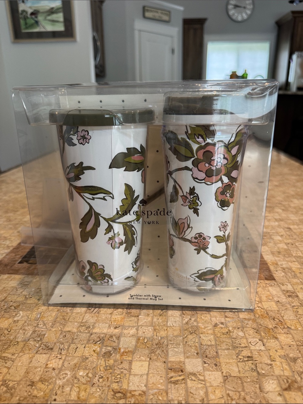 Kate spade forest blooms tumbler with straw & thermal mug set of 2 NIP